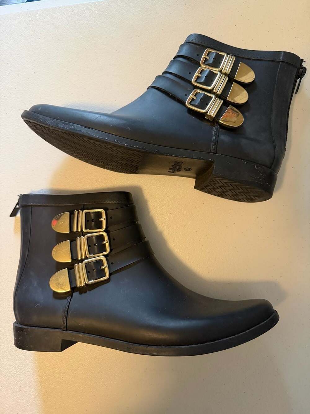 Loeffler Randall Fenton Rubber Rain Ankle Booties with Gold Buckles 9